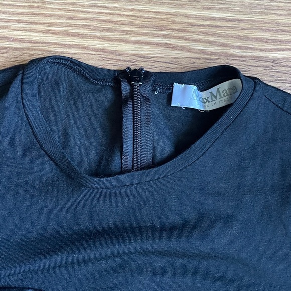 Max Mara Black Sheath Dress Sheer Shoulder Sleeve Leather Trim Made in Italy - Picture 6 of 16